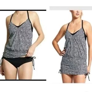 ATHLETA LAGUNA SIDE SCRUNCH BLACK CREAM GEOMETRIC TANKINI TOP SWIM WOMEN 34 D/DD
